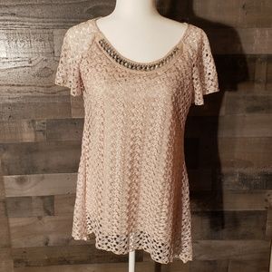 Brittany Black crochet lace rhinestone neckline top L XL